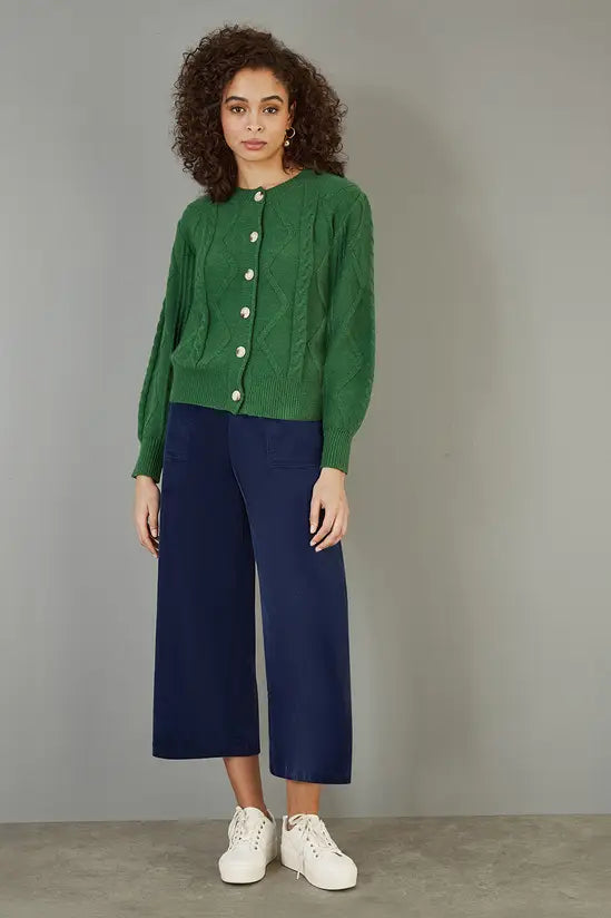 Yumi Navy Cord Cropped Wide Leg Trousers With Pockets