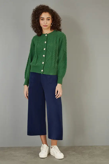 Yumi Navy Cord Cropped Wide Leg Trousers With Pockets