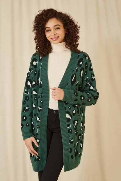 Yumi Green Animal Intarsia Long Cardigan