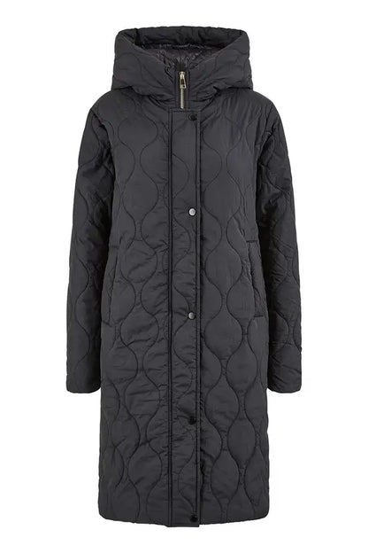 Yumi Black Padded Quilted Long Coat With Zip Detail And Hood