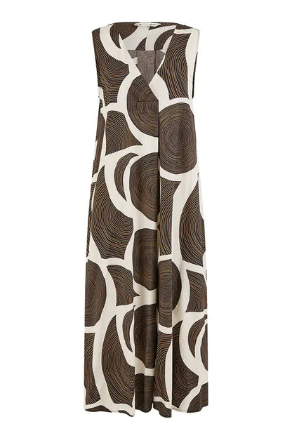 Yumi Brown Cotton Abstract Circle Trapeze Relaxed Midi Dress