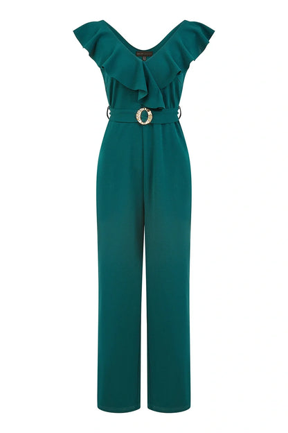 Yumi Green Jumpsuit With Gold Buckle and Frill Detail