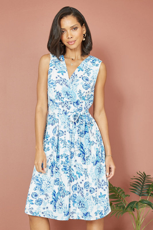 Yumi Blue Floral Wrap Over Skater Dress