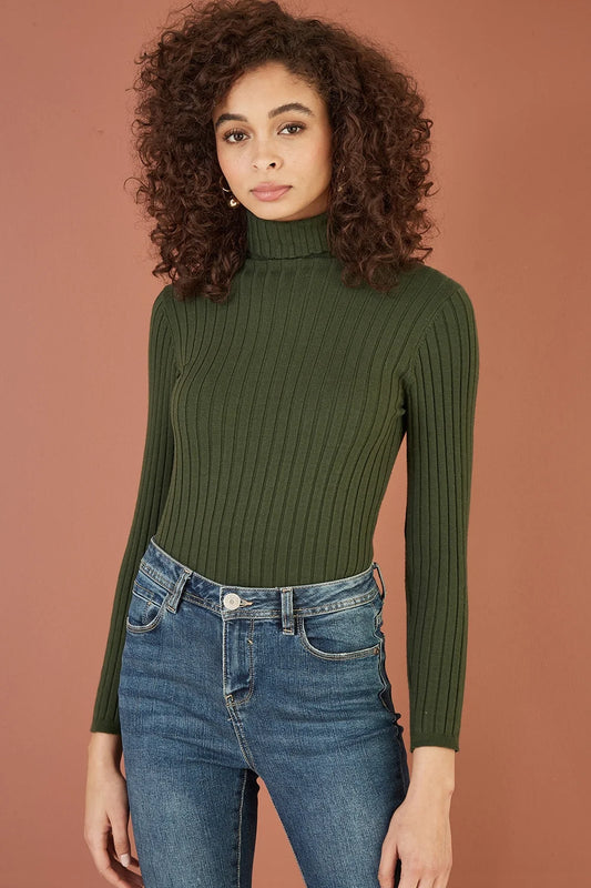 Yumi Green Ribbed Knit Roll Neck Jumper