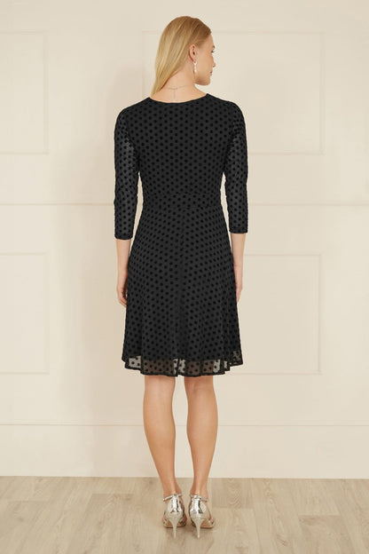 Mela Black Velour Spot 3/4 Sleeve Wrap Skater Dress