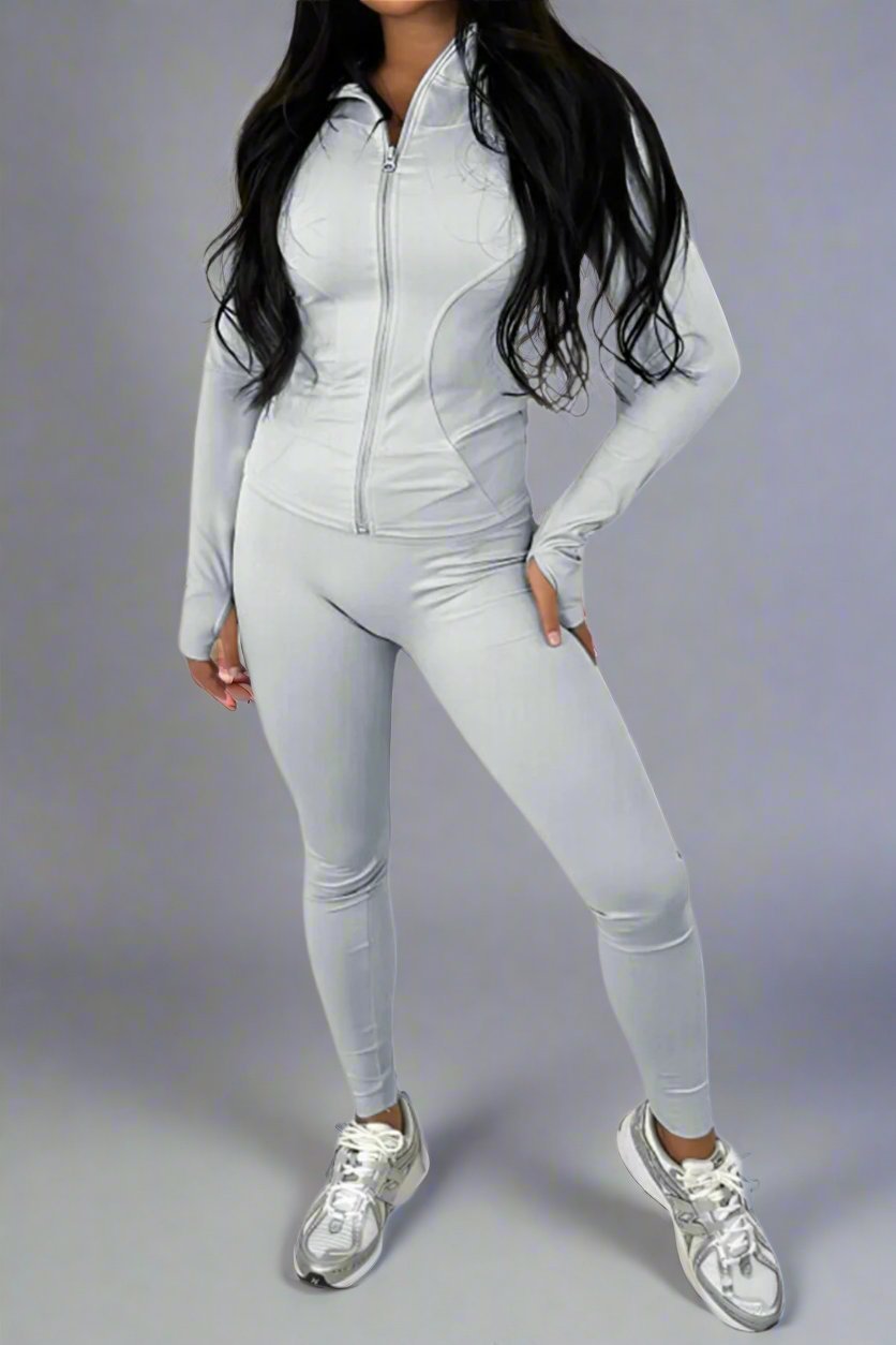 New Sports Zip Front Long Sleeves Top And Leggings Gym Set