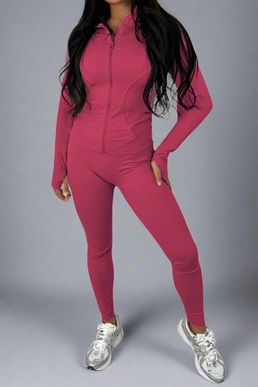 New Sports Zip Front Long Sleeves Top And Leggings Gym Set