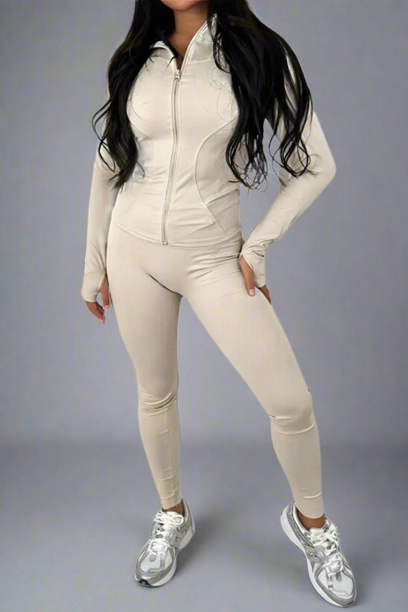 New Sports Zip Front Long Sleeves Top And Leggings Gym Set