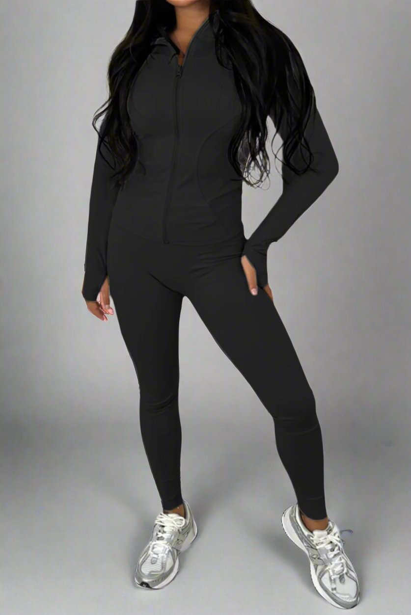 New Sports Zip Front Long Sleeves Top And Leggings Gym Set